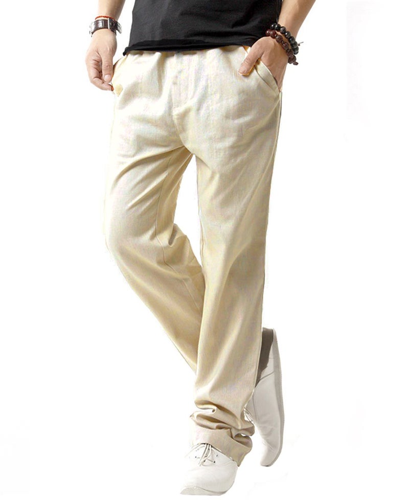 SIR7 Men's Linen Casual Lightweight Drawstrintg Elastic Waist Summer Beach Pants Beige, Large - Image 1